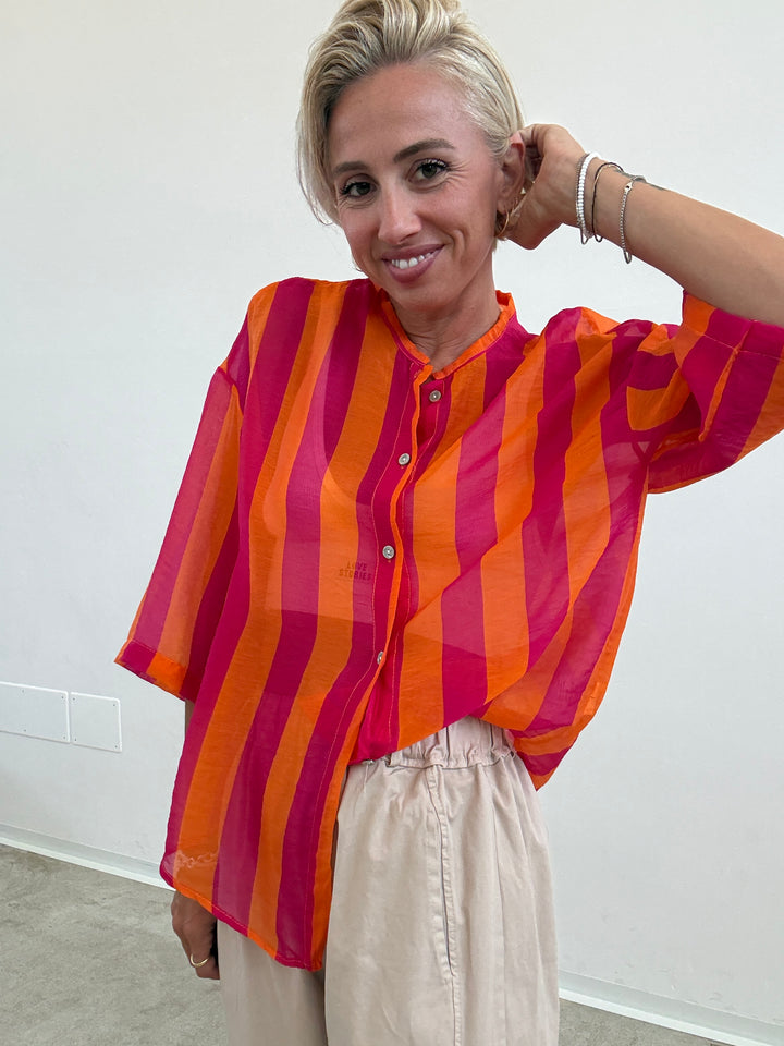 CAMICIA MANICA CORTA RIGHE ARANCIO/FUCSIA