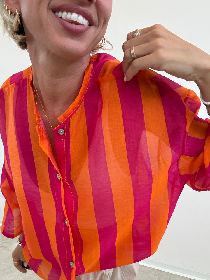 CAMICIA MANICA CORTA RIGHE ARANCIO/FUCSIA