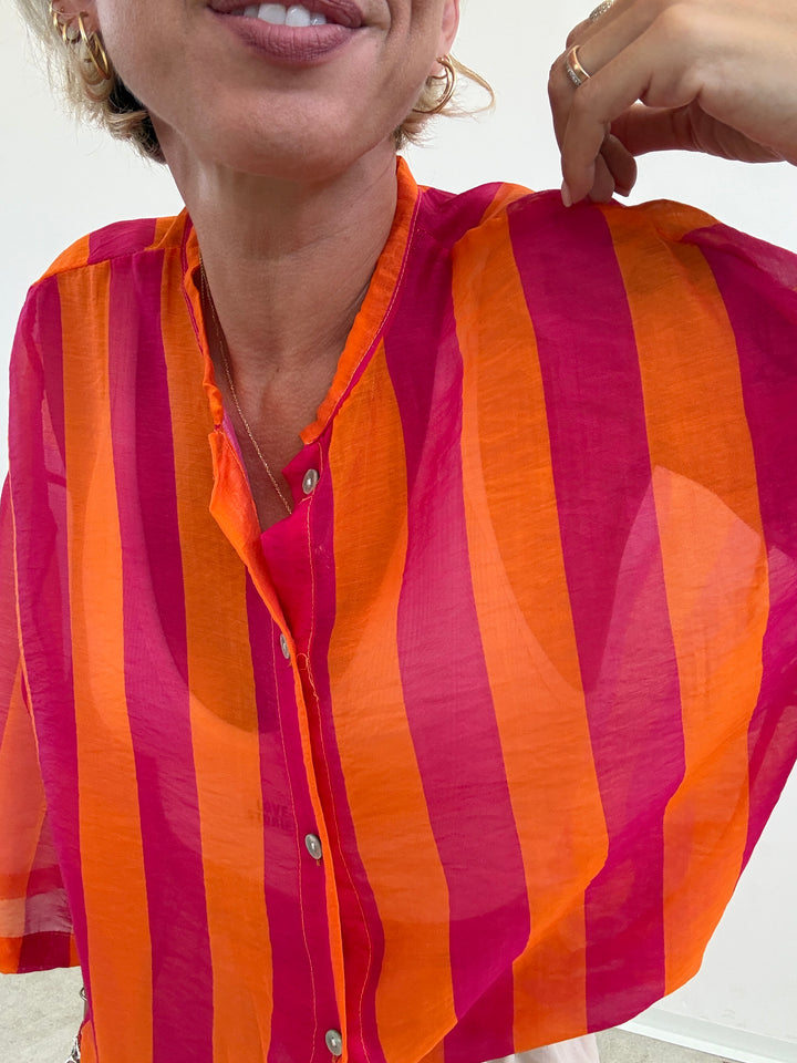 CAMICIA MANICA CORTA RIGHE ARANCIO/FUCSIA