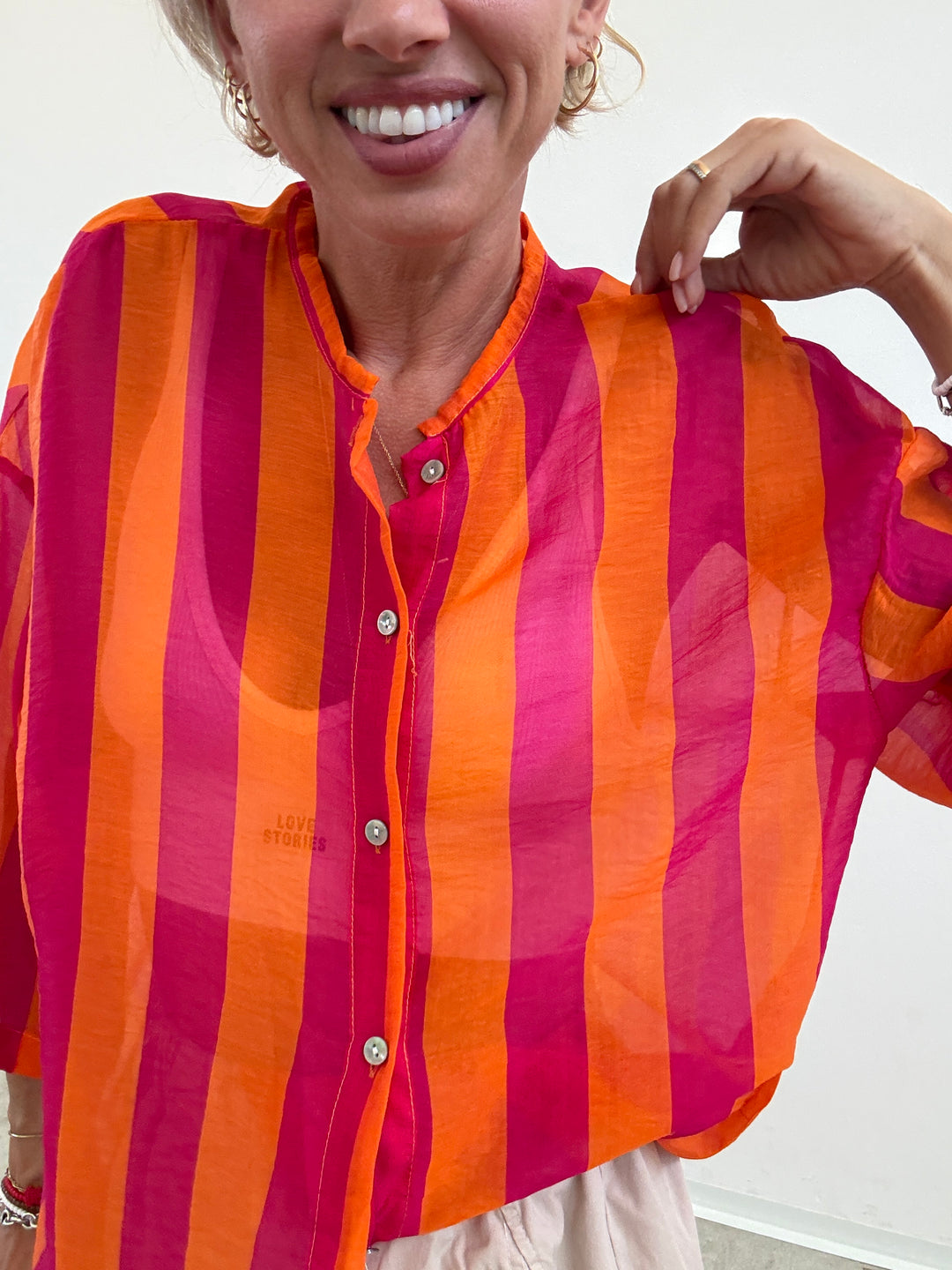 CAMICIA MANICA CORTA RIGHE ARANCIO/FUCSIA
