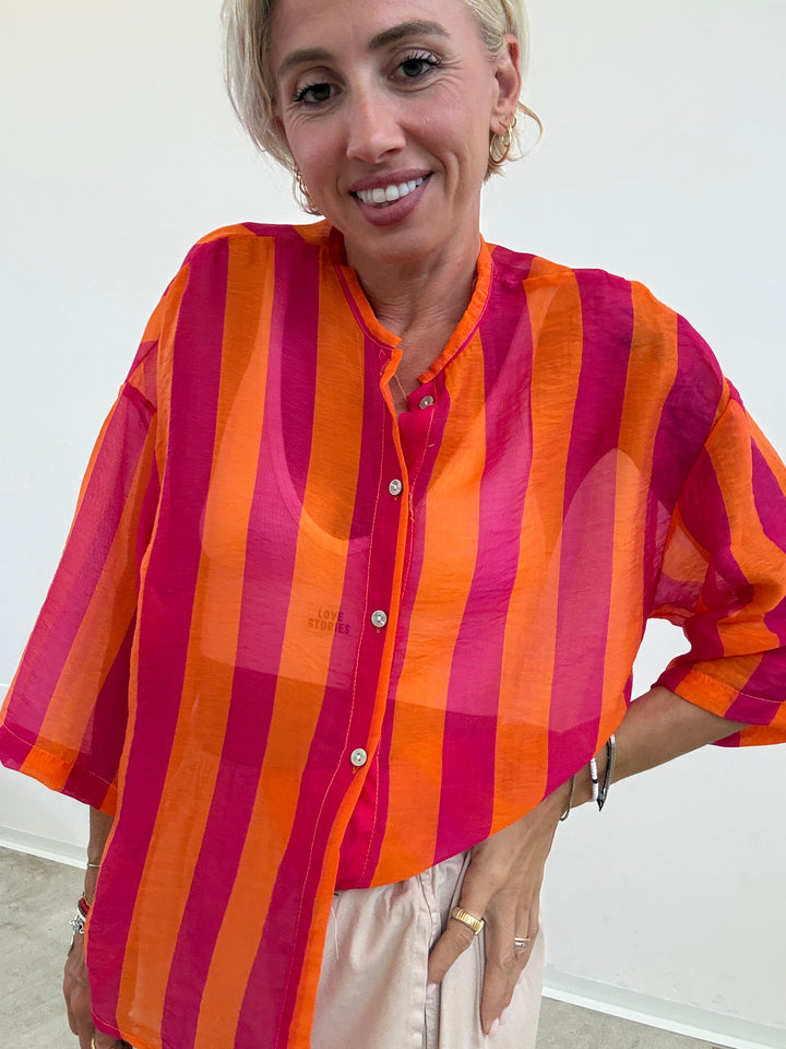 CAMICIA MANICA CORTA RIGHE ARANCIO/FUCSIA