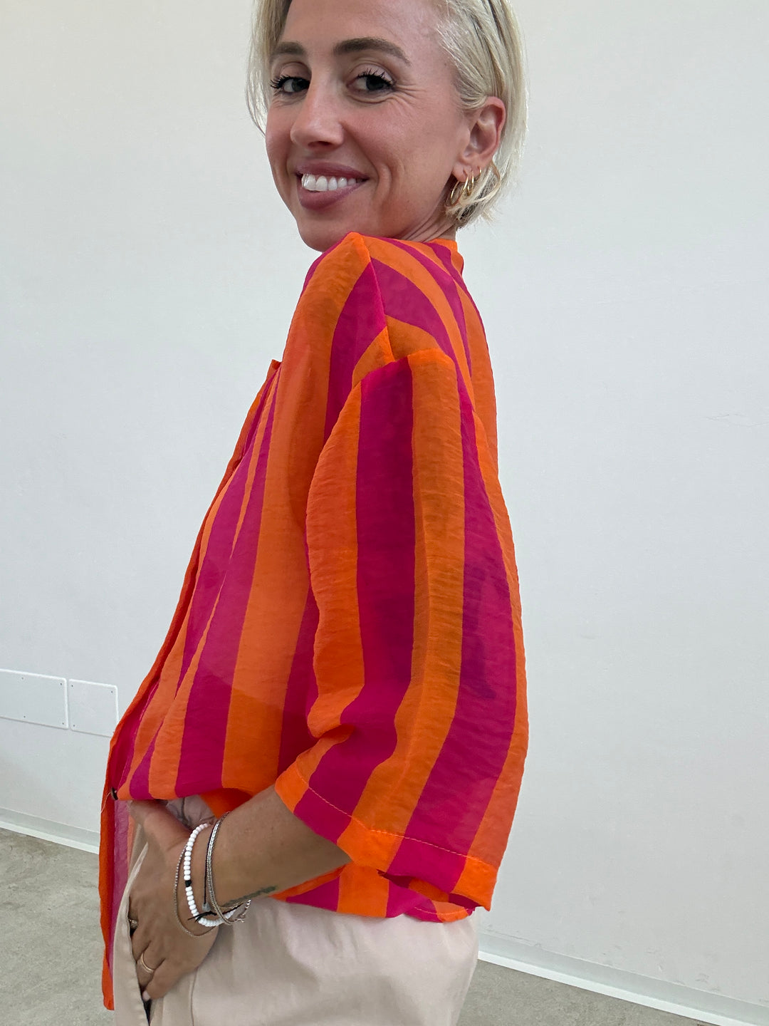 CAMICIA MANICA CORTA RIGHE ARANCIO/FUCSIA