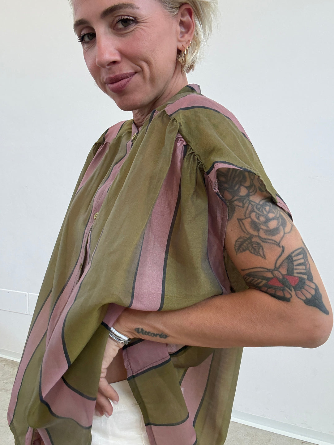 CAMICIA GIROMANICA RIGHE OLIO/ROSA