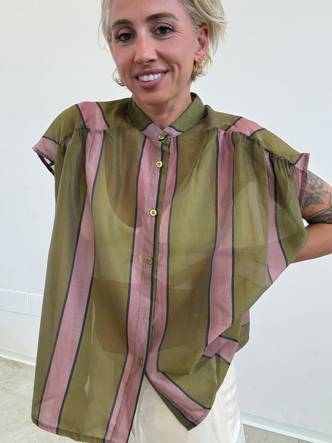 CAMICIA GIROMANICA RIGHE OLIO/ROSA
