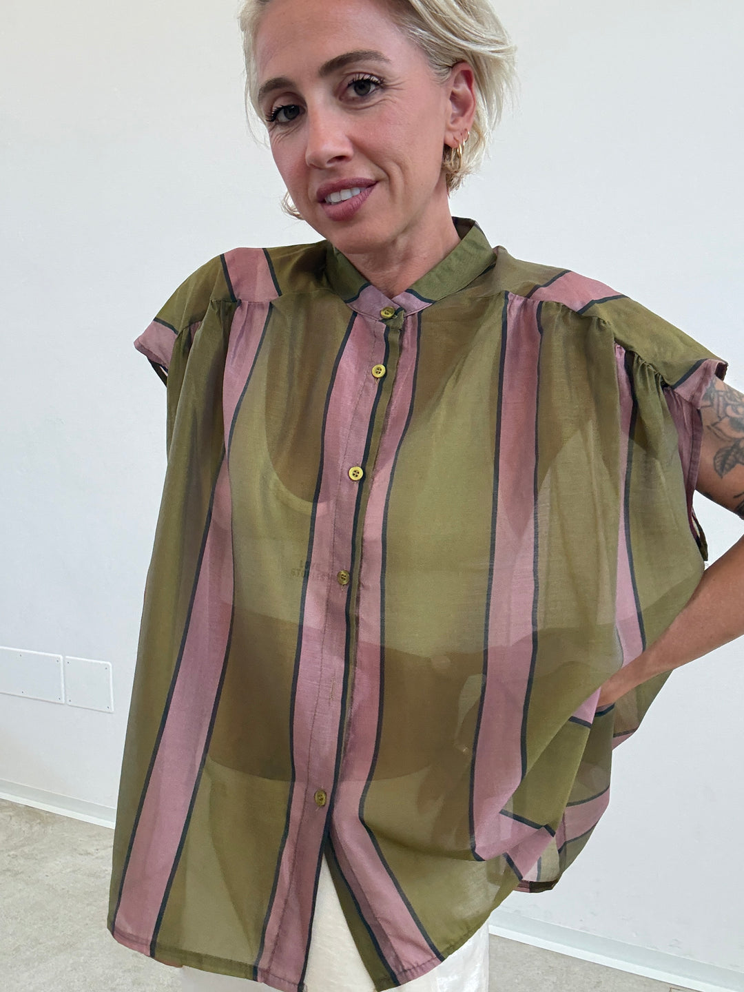 CAMICIA GIROMANICA RIGHE OLIO/ROSA