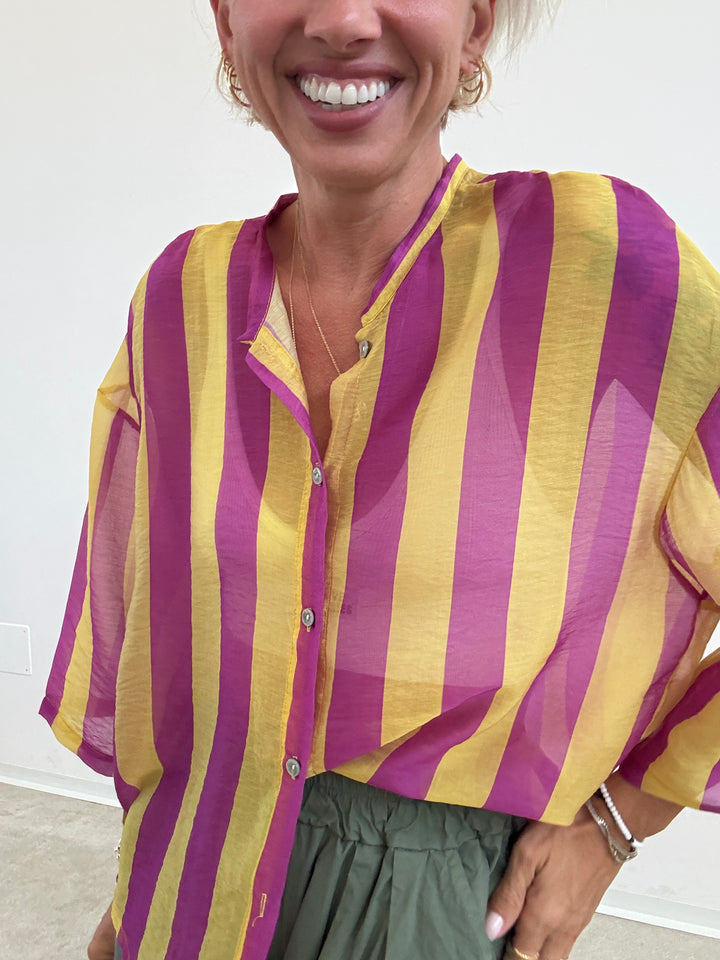 CAMICIA MANICA CORTA RIGHE CICLAMINO/GIALLO