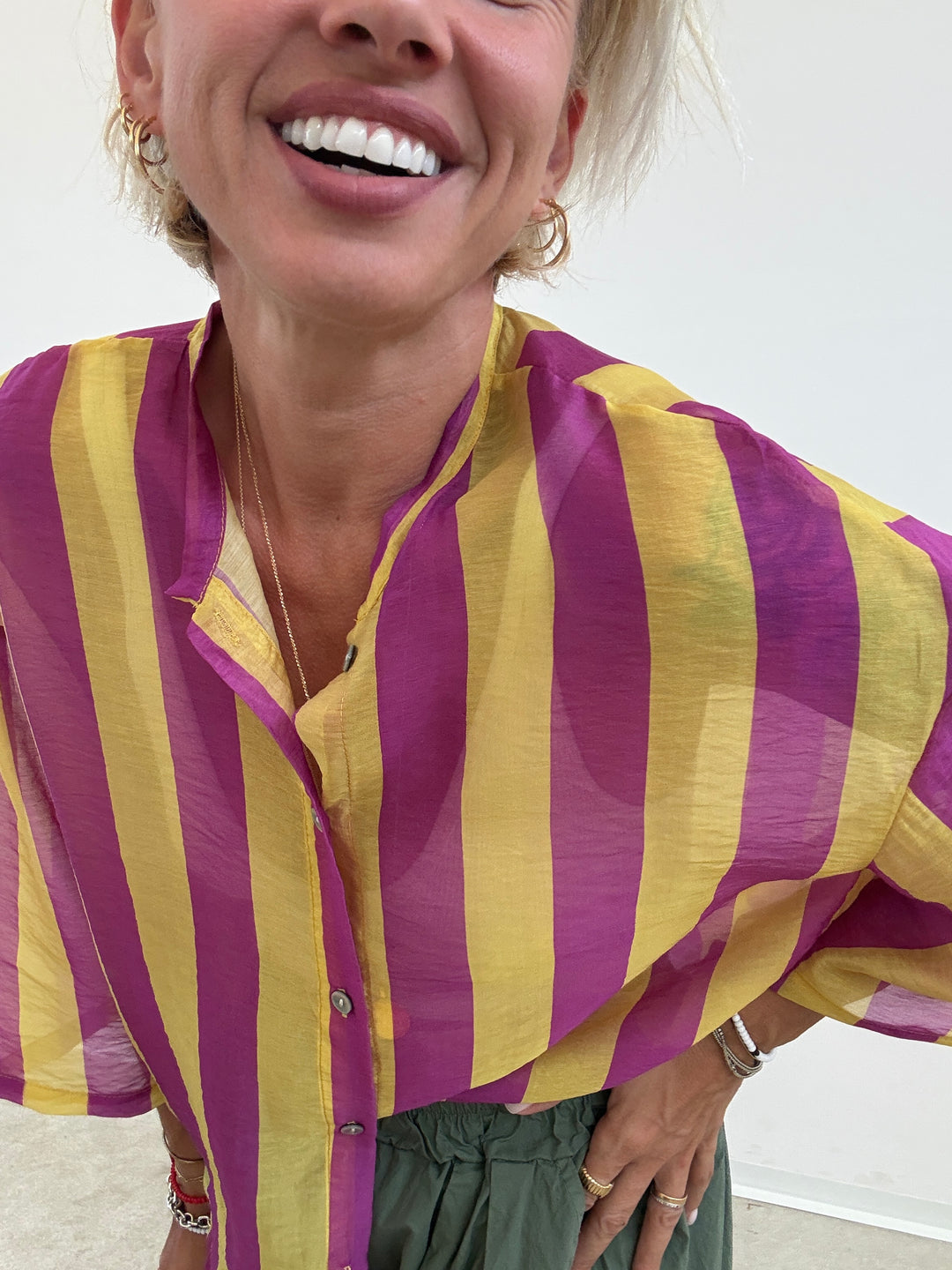 CAMICIA MANICA CORTA RIGHE CICLAMINO/GIALLO