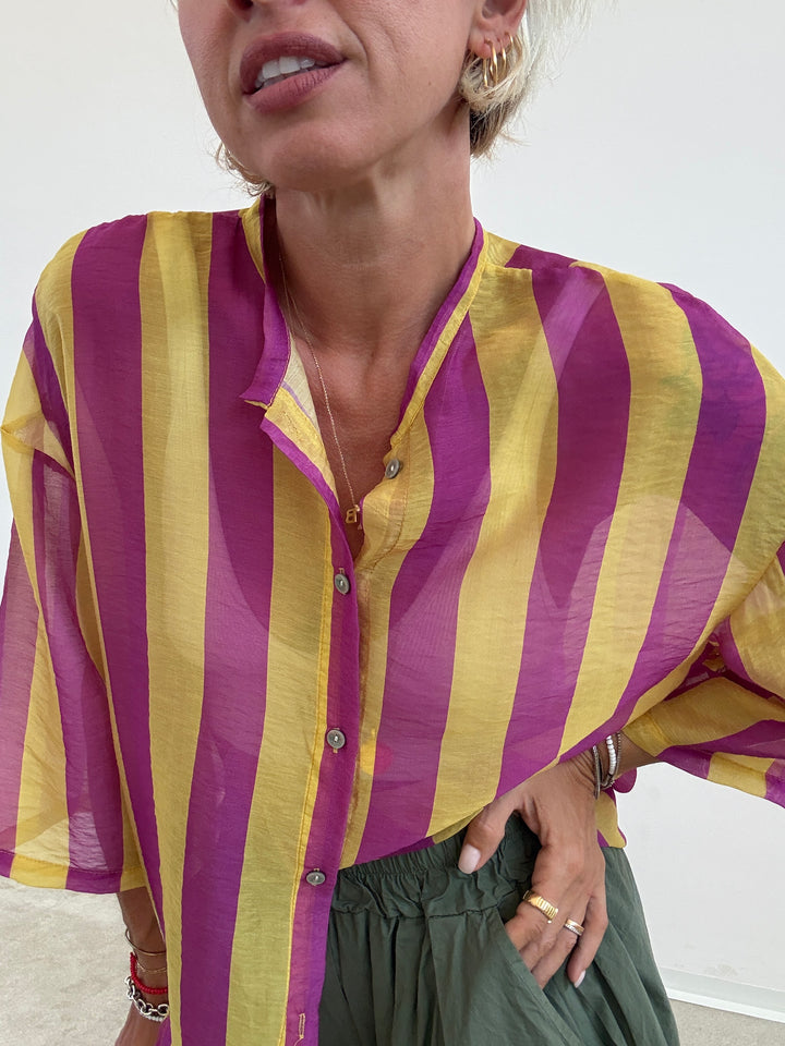 CAMICIA MANICA CORTA RIGHE CICLAMINO/GIALLO