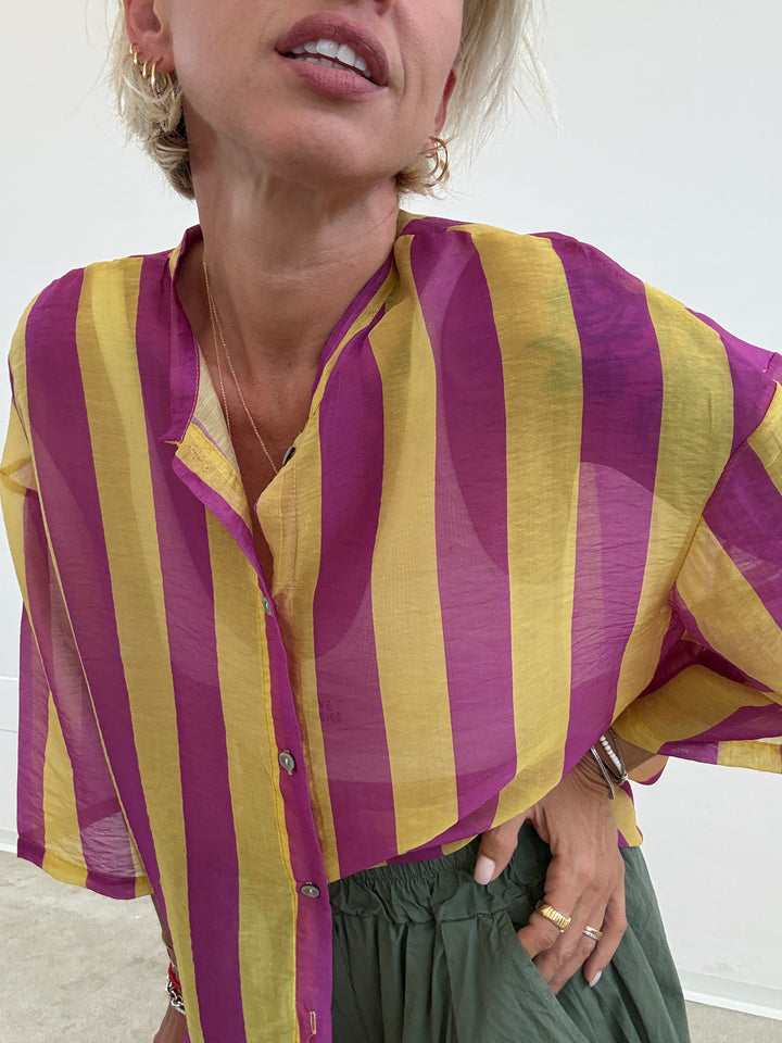 CAMICIA MANICA CORTA RIGHE CICLAMINO/GIALLO