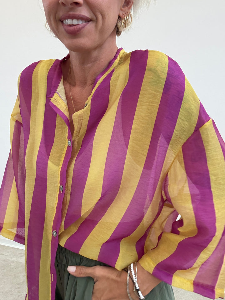 CAMICIA MANICA CORTA RIGHE CICLAMINO/GIALLO