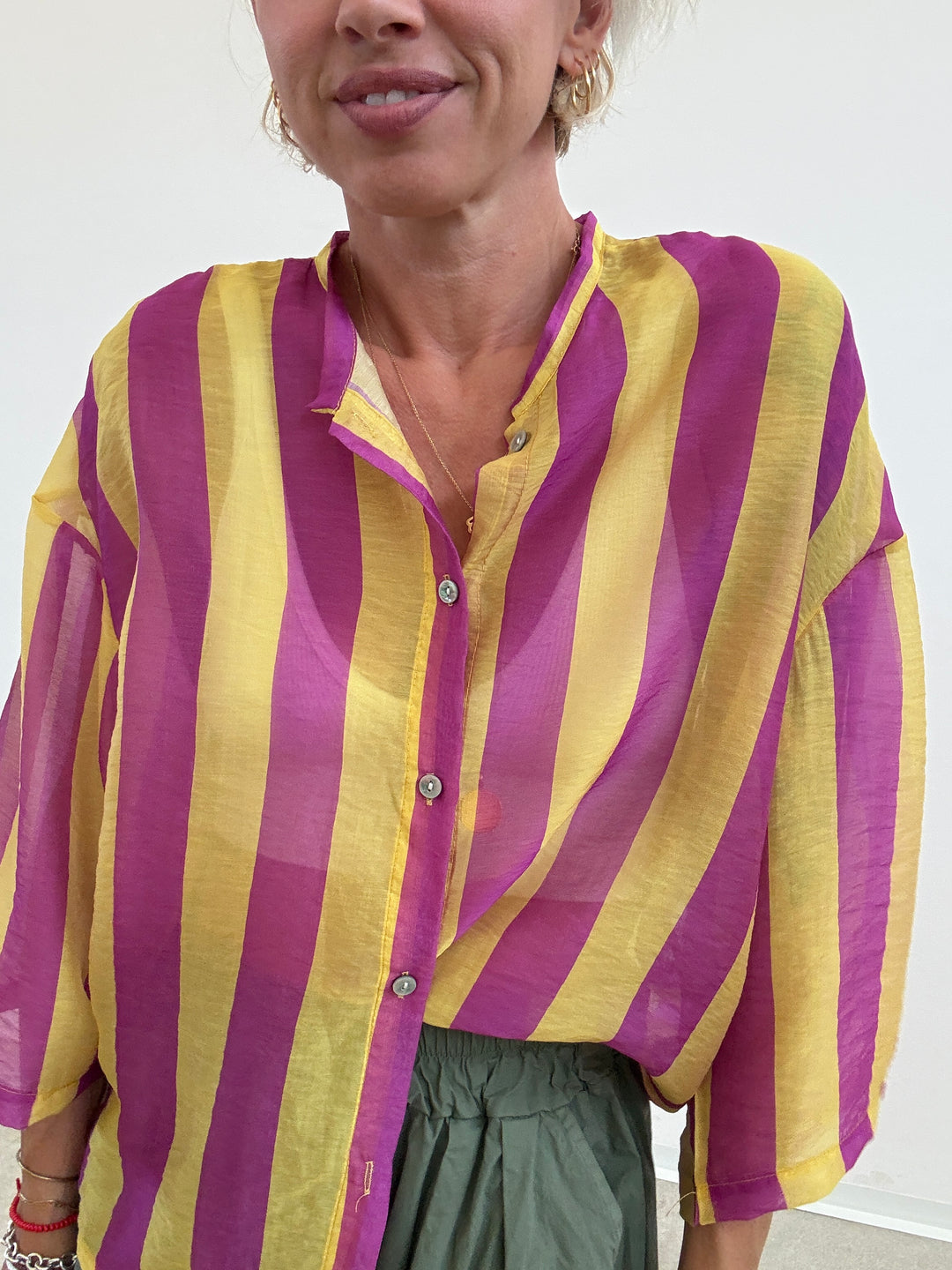 CAMICIA MANICA CORTA RIGHE CICLAMINO/GIALLO