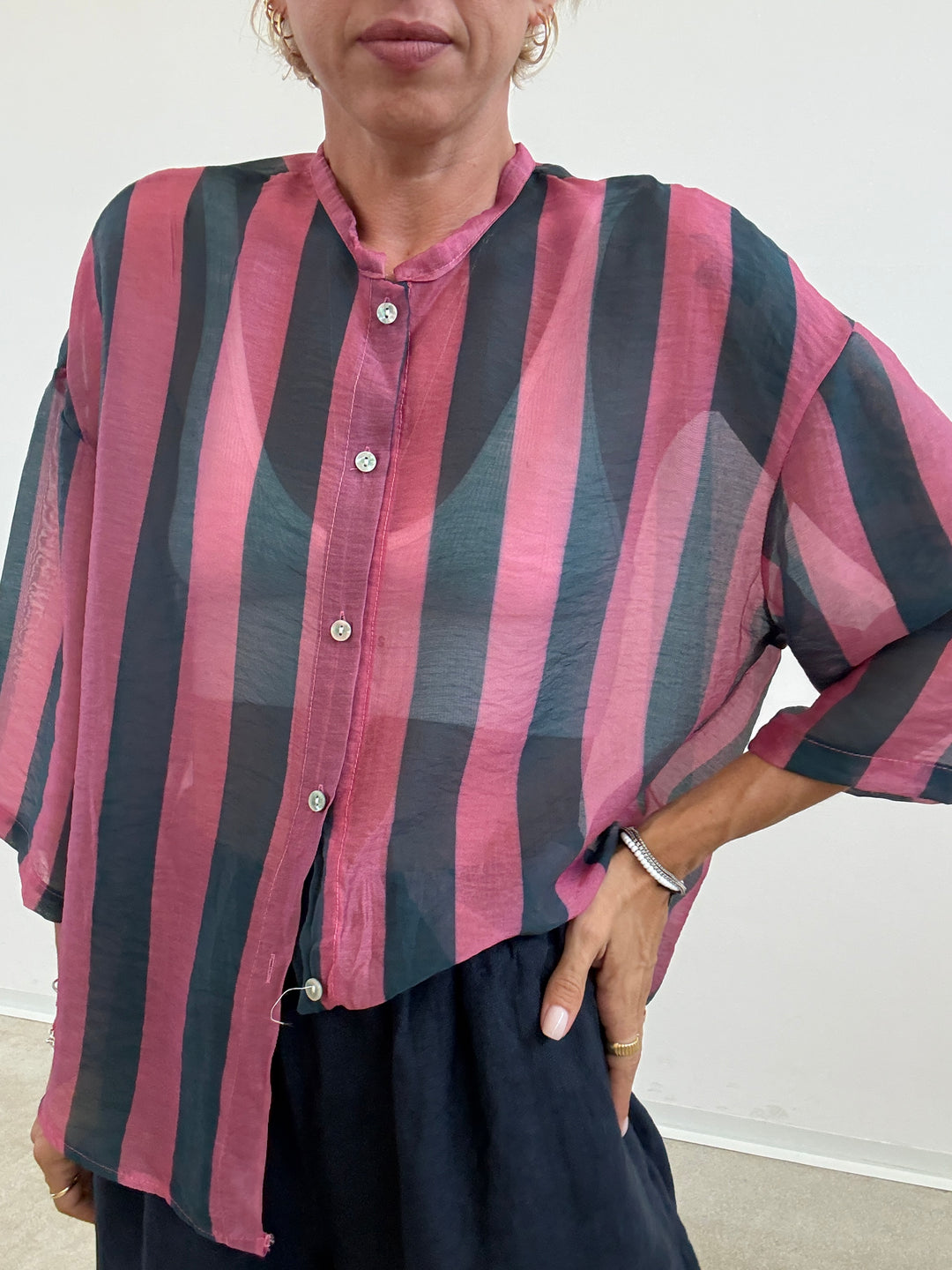 CAMICIA MANICA CORTA RIGHE AVIO/ROSA
