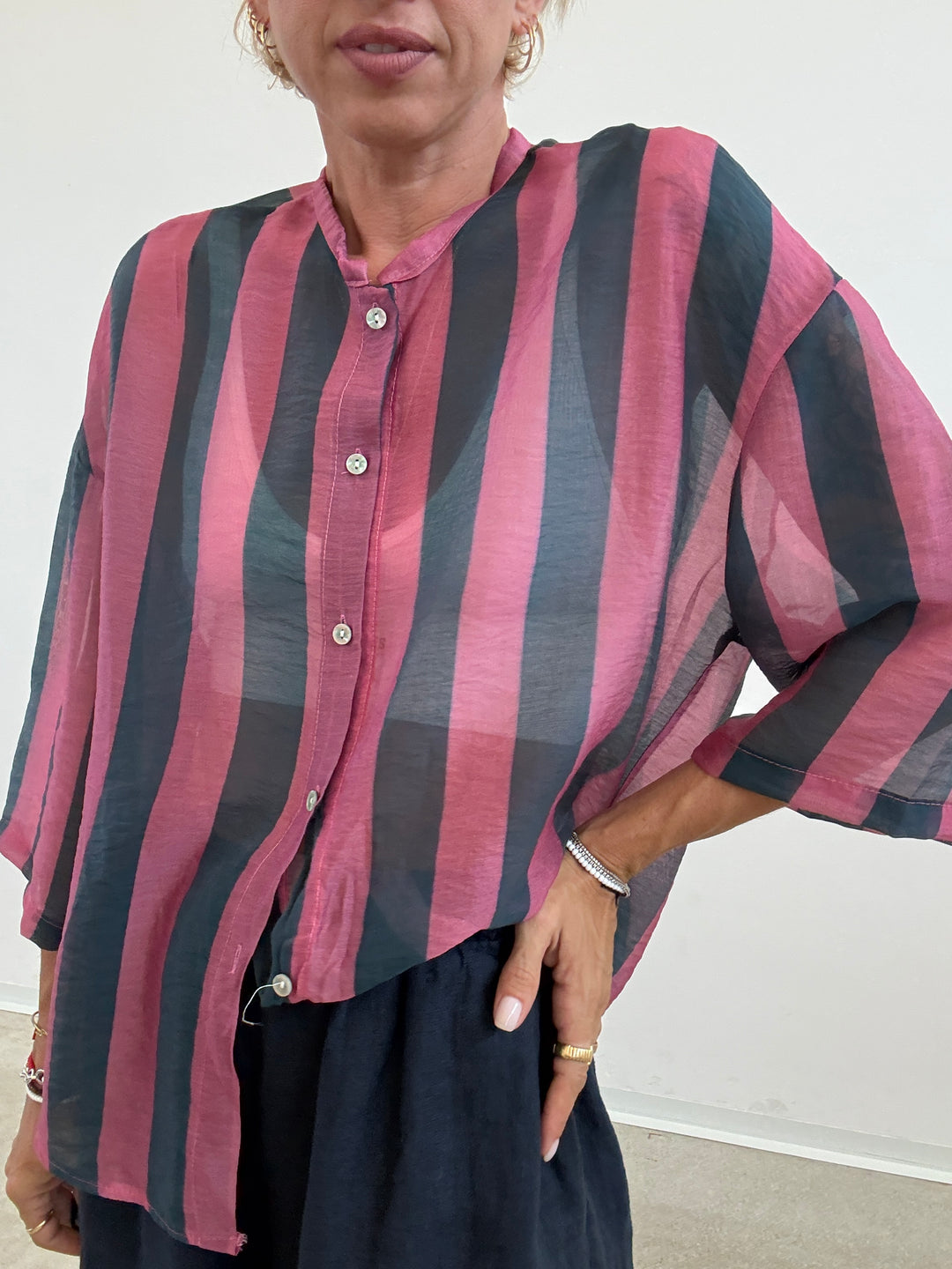 CAMICIA MANICA CORTA RIGHE AVIO/ROSA