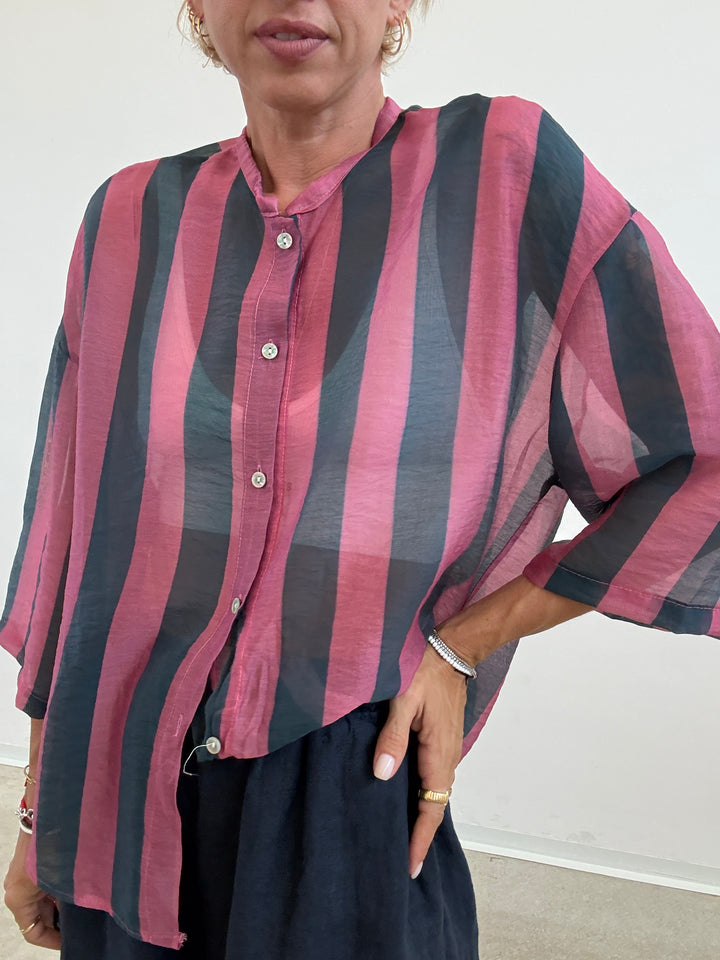 CAMICIA MANICA CORTA RIGHE AVIO/ROSA