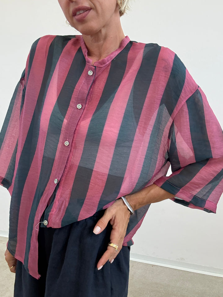 CAMICIA MANICA CORTA RIGHE AVIO/ROSA