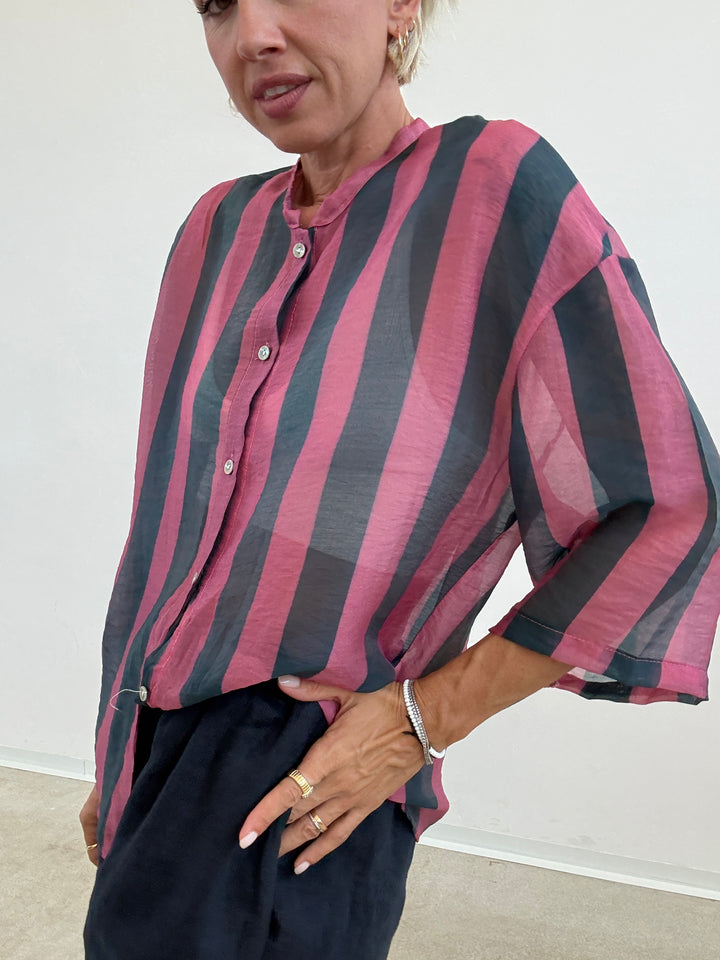 CAMICIA MANICA CORTA RIGHE AVIO/ROSA