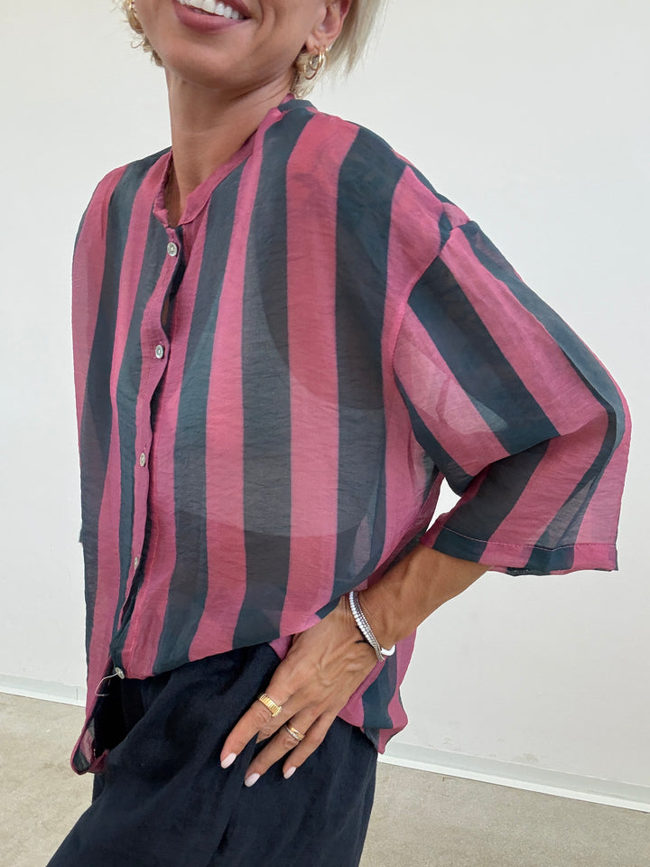 CAMICIA MANICA CORTA RIGHE AVIO/ROSA