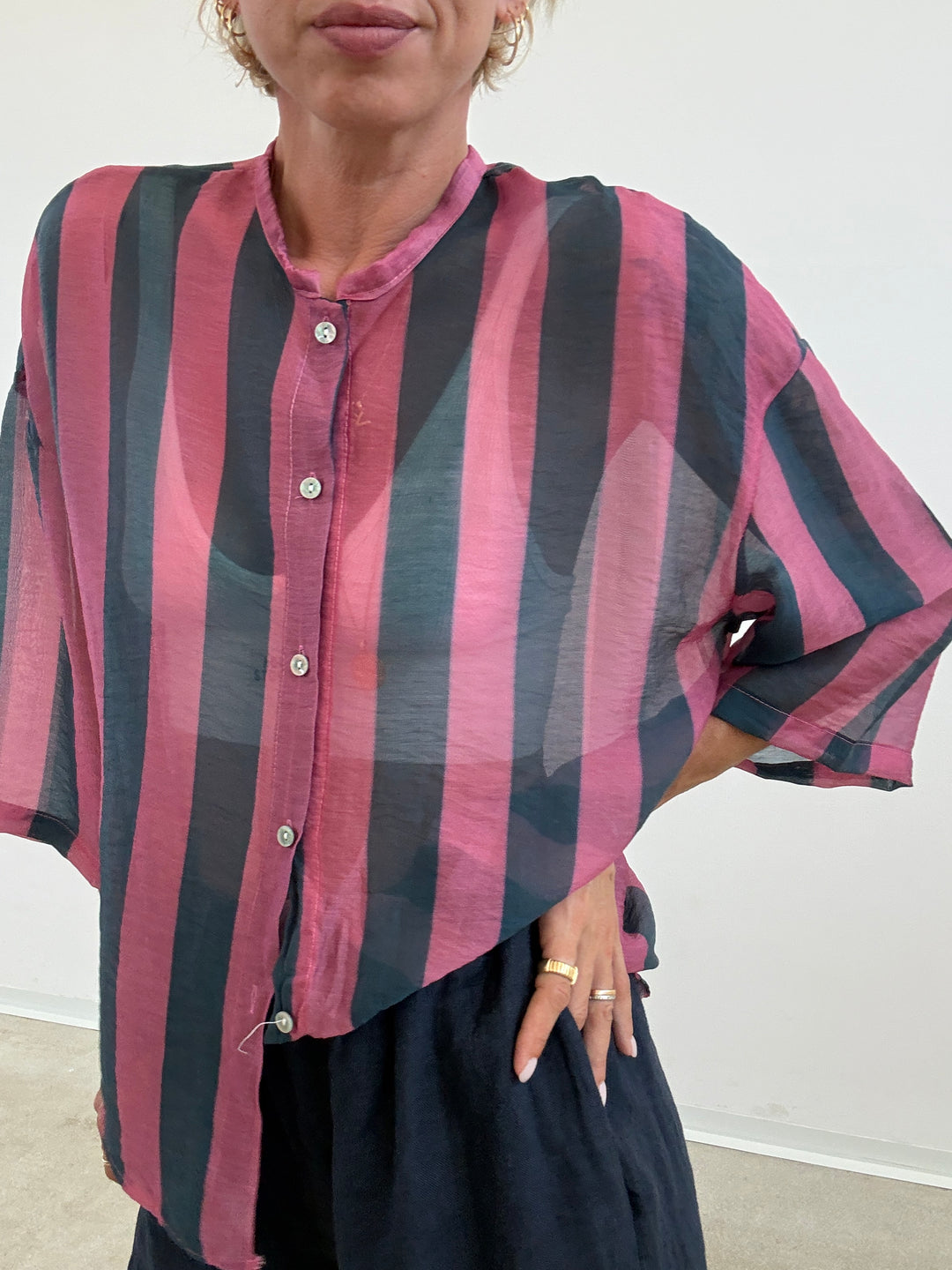 CAMICIA MANICA CORTA RIGHE AVIO/ROSA