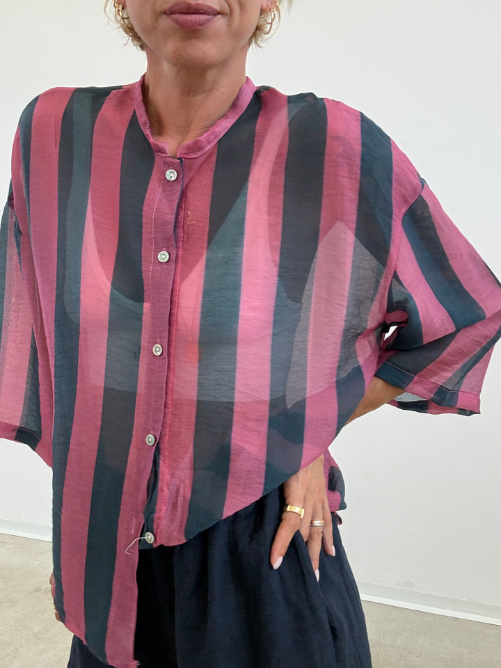 CAMICIA MANICA CORTA RIGHE AVIO/ROSA