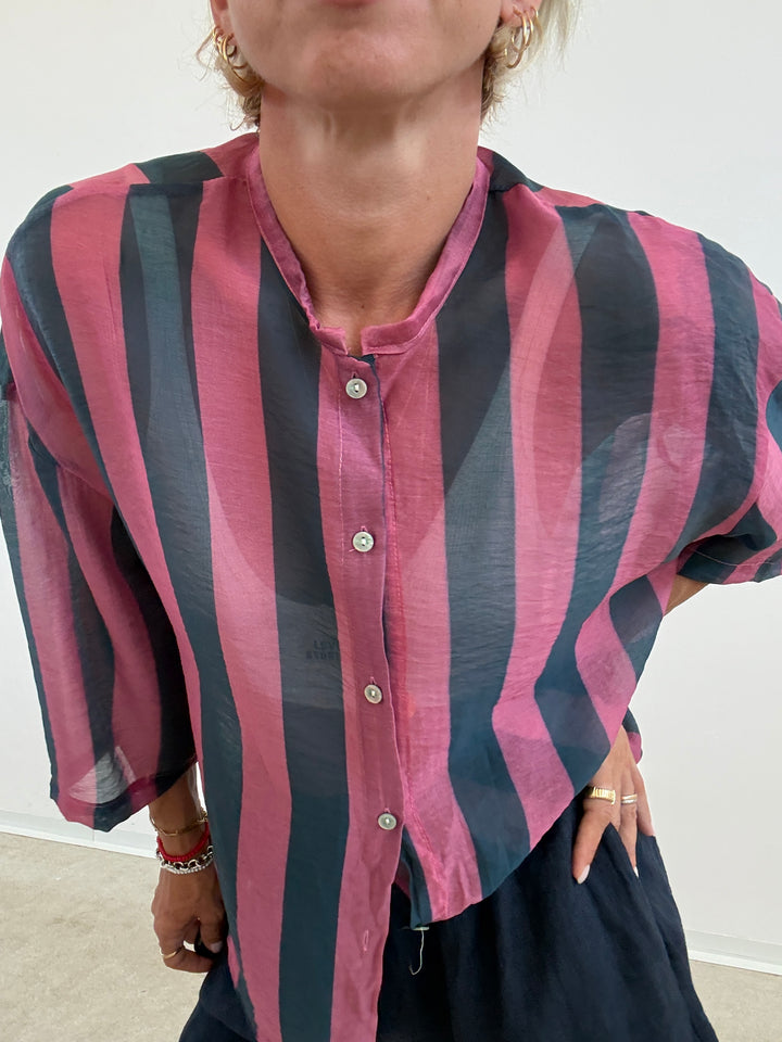 CAMICIA MANICA CORTA RIGHE AVIO/ROSA