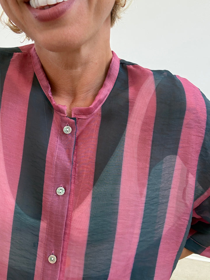 CAMICIA MANICA CORTA RIGHE AVIO/ROSA