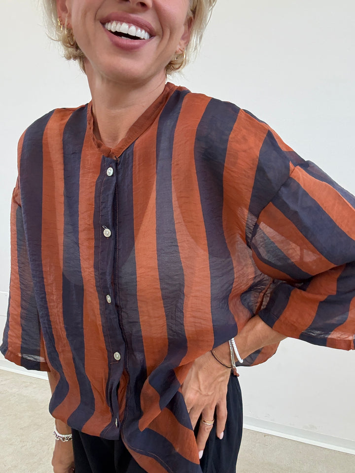 CAMICIA MANICA CORTA RIGHE BLU/RUGGINE
