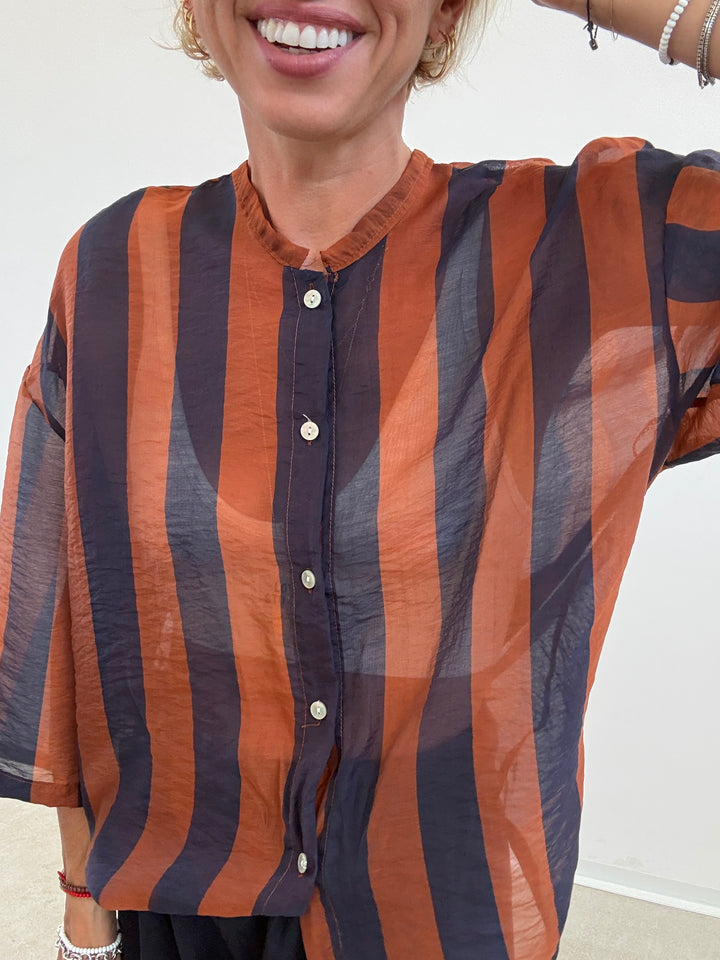 CAMICIA MANICA CORTA RIGHE BLU/RUGGINE