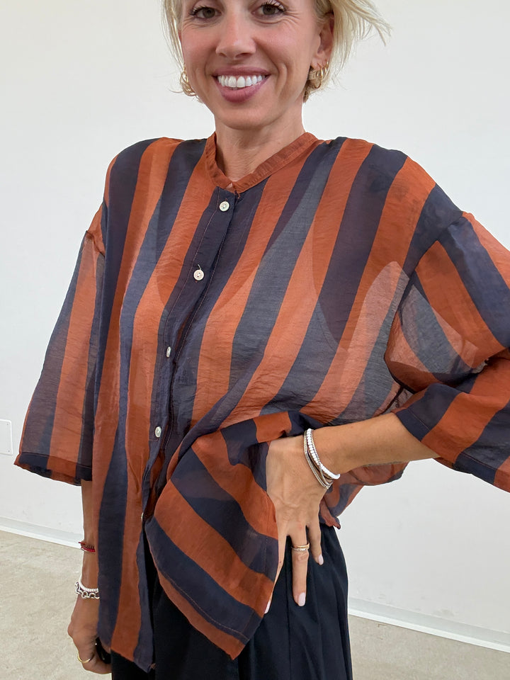 CAMICIA MANICA CORTA RIGHE BLU/RUGGINE