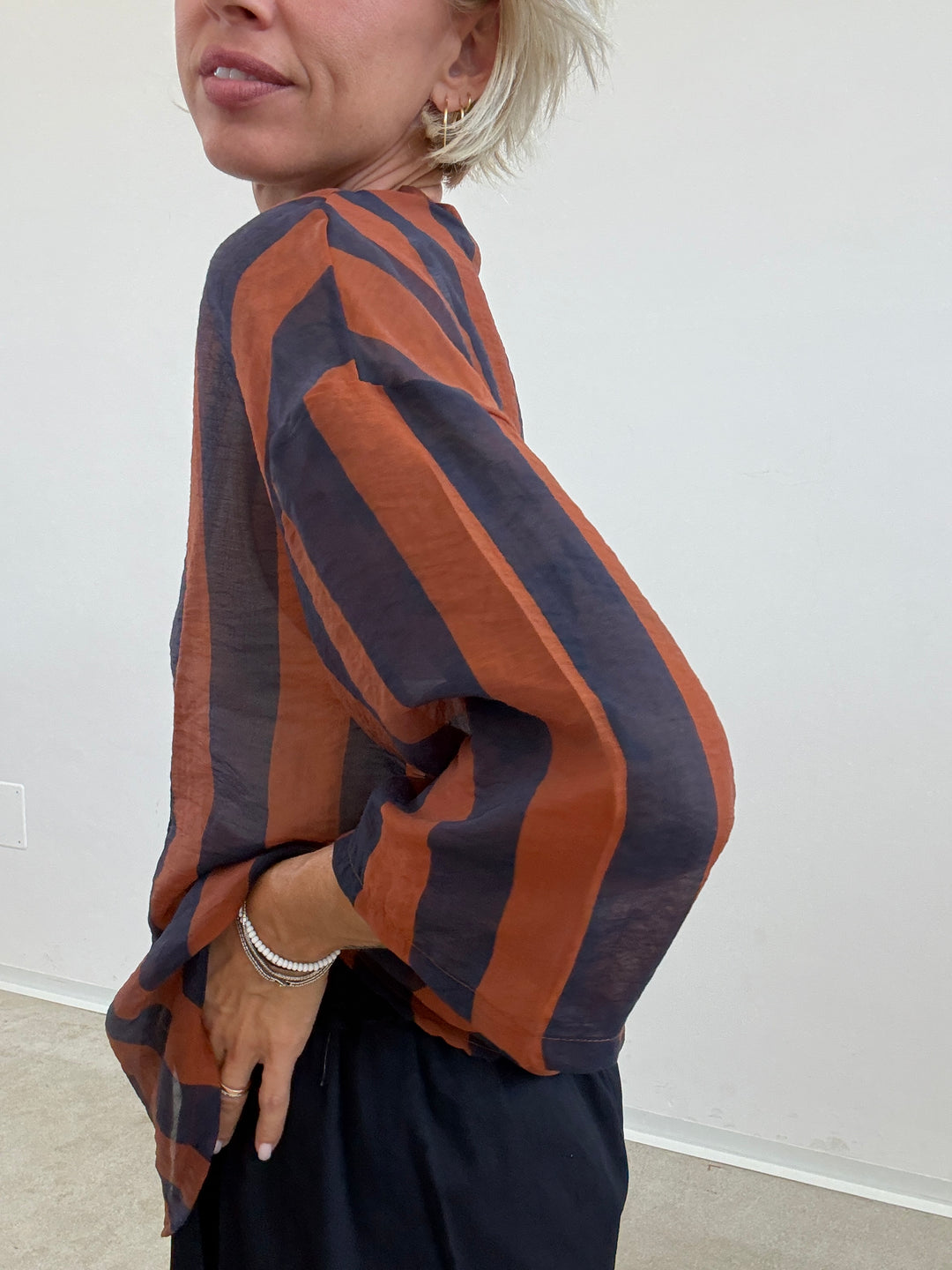 CAMICIA MANICA CORTA RIGHE BLU/RUGGINE