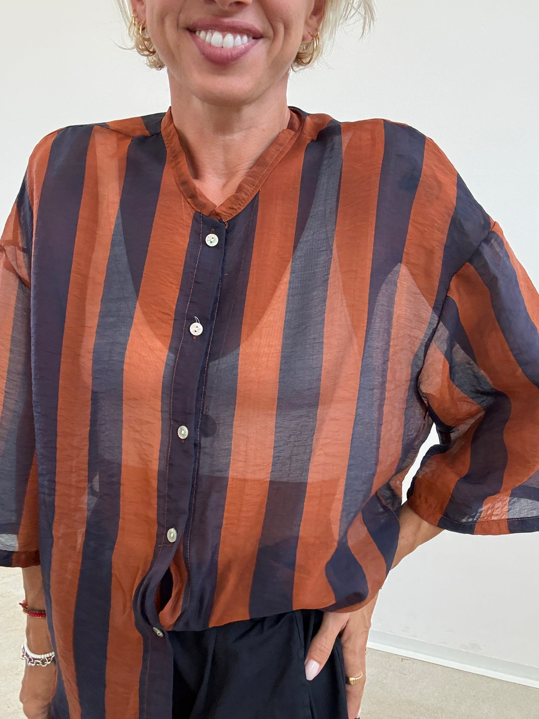CAMICIA MANICA CORTA RIGHE BLU/RUGGINE