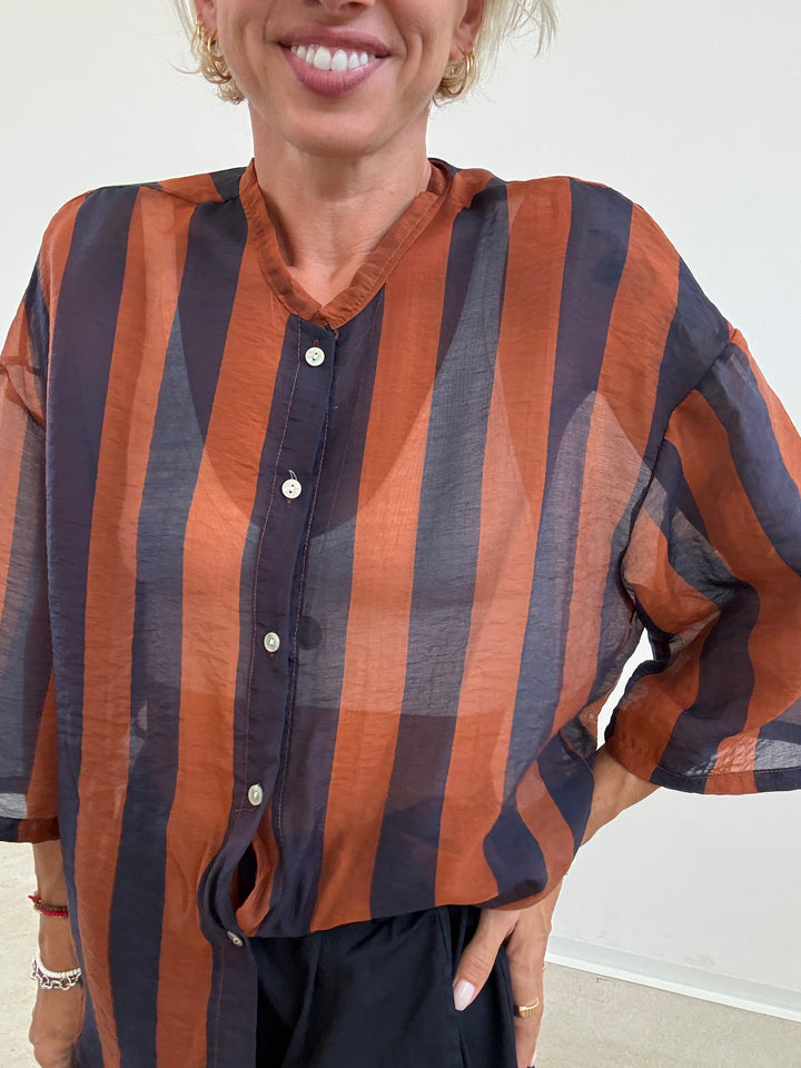 CAMICIA MANICA CORTA RIGHE BLU/RUGGINE