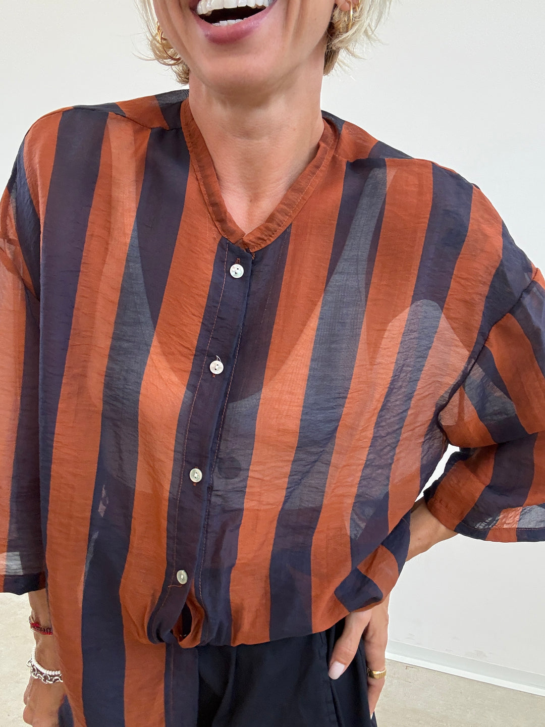 CAMICIA MANICA CORTA RIGHE BLU/RUGGINE