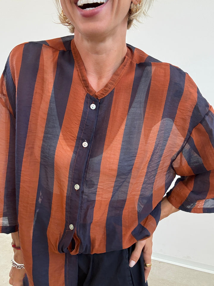 CAMICIA MANICA CORTA RIGHE BLU/RUGGINE
