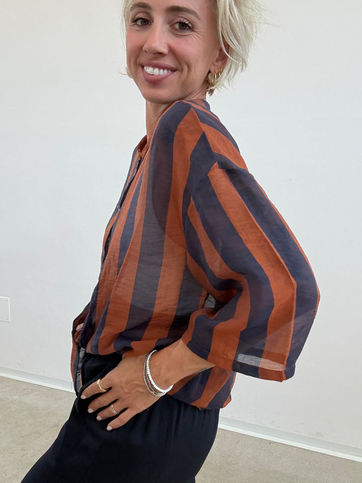 CAMICIA MANICA CORTA RIGHE BLU/RUGGINE