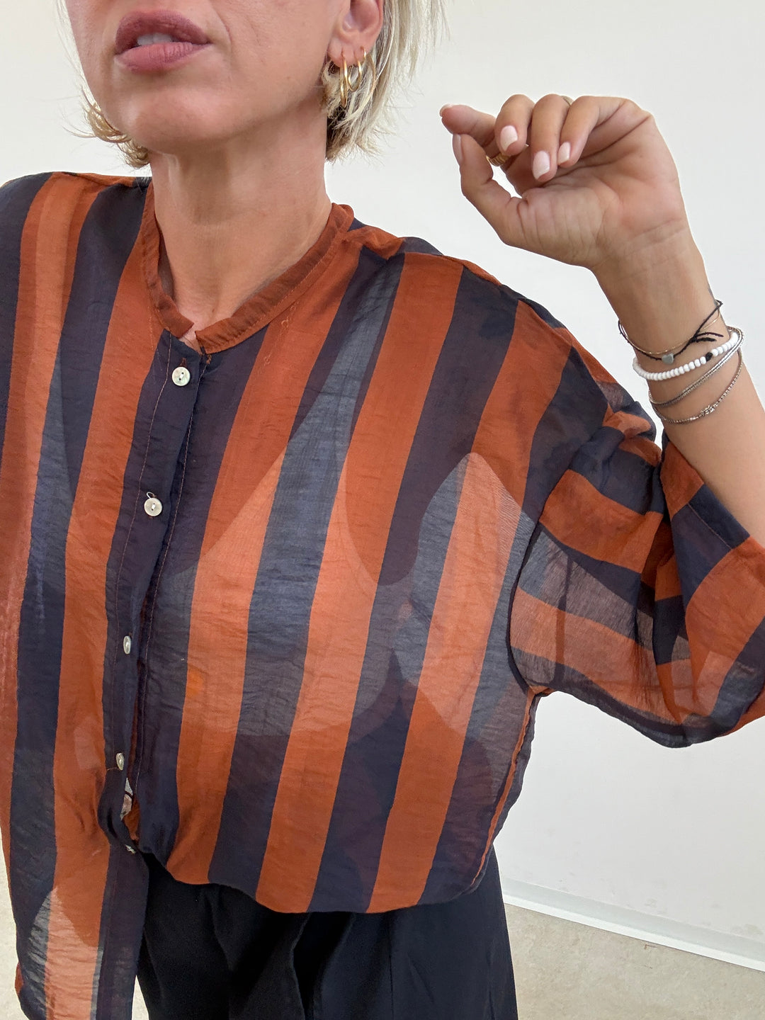 CAMICIA MANICA CORTA RIGHE BLU/RUGGINE