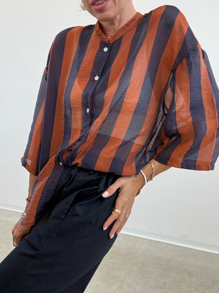 CAMICIA MANICA CORTA RIGHE BLU/RUGGINE