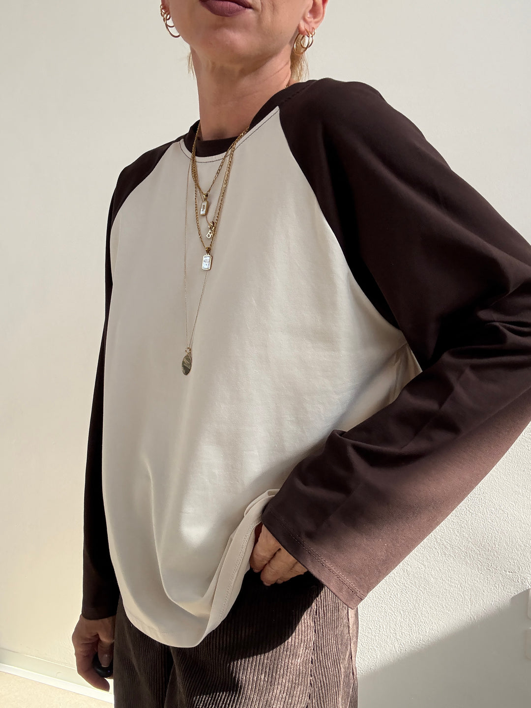 TSHIRT BASEBALL BICOLORE BEIGE/CIOCCO