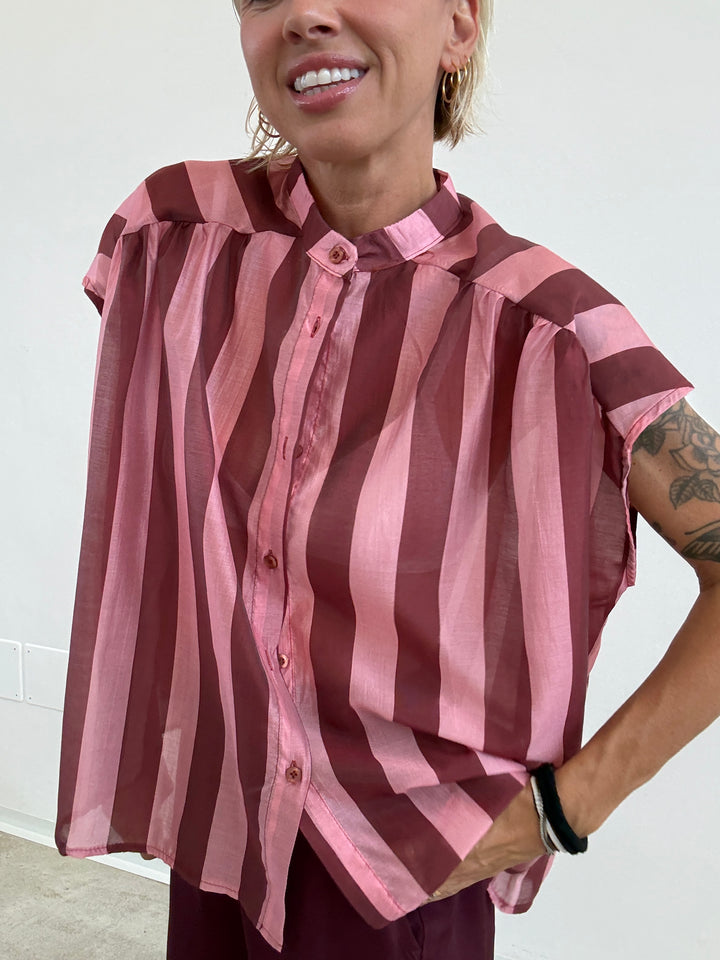 CAMICIA GIROMANICA RIGHE BORDEAUX/ROSA