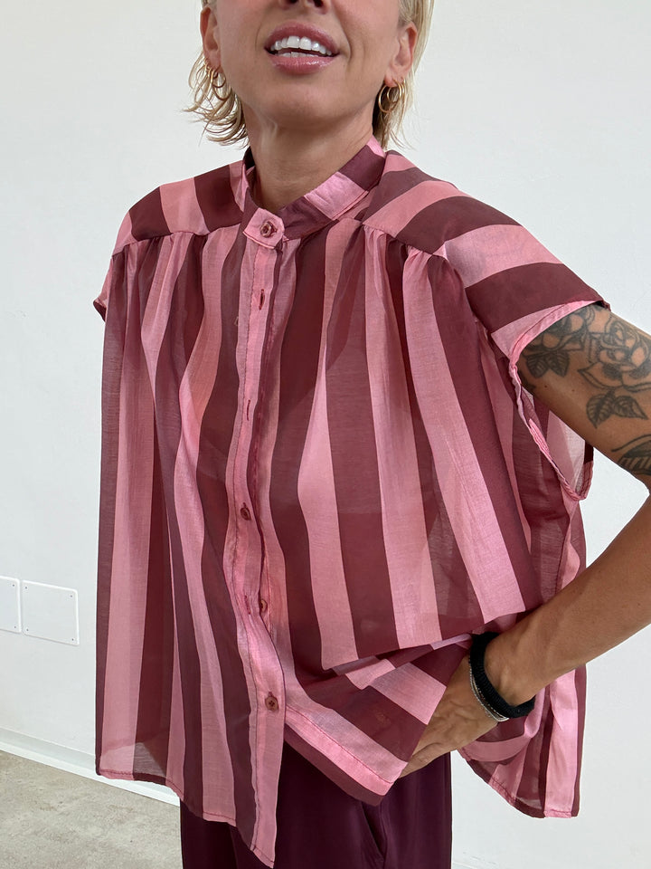 CAMICIA GIROMANICA RIGHE BORDEAUX/ROSA