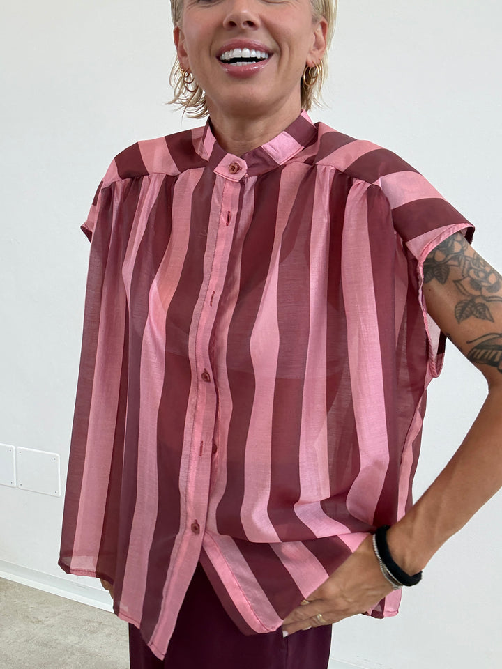 CAMICIA GIROMANICA RIGHE BORDEAUX/ROSA