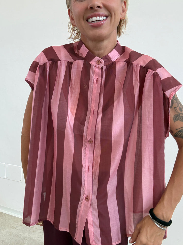 CAMICIA GIROMANICA RIGHE BORDEAUX/ROSA