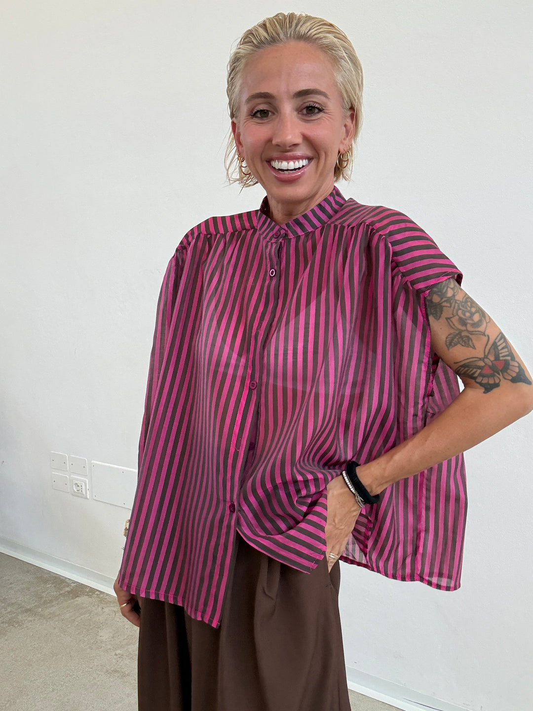 CAMICIA GIROMANICA MILLERIGHE FUCSIA/CIOCCO