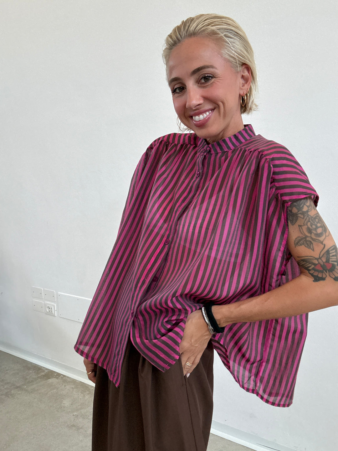 CAMICIA GIROMANICA MILLERIGHE FUCSIA/CIOCCO