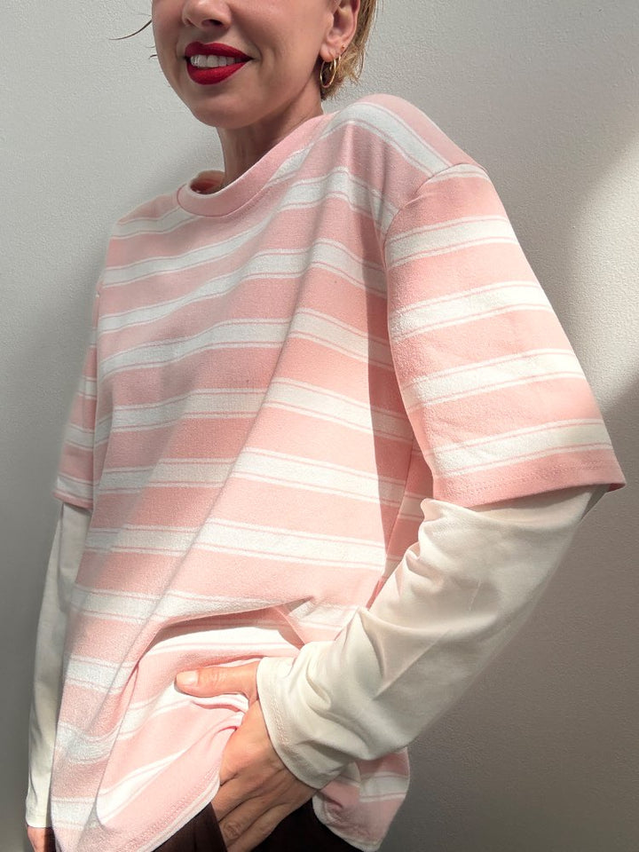 TSHIRT DOPPIA MANICA ROSA/BIANCO